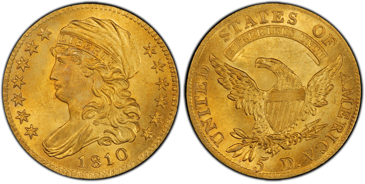 1810 Capped Bust Left Half Eagle. BD-1. Small Date, Tall 5.  MS-65 (PCGS).
